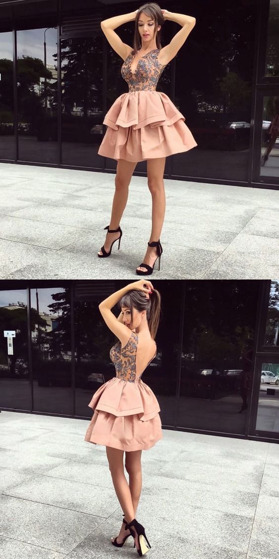 A-Linie V-Ausschnitt Satin Homecoming Kleid mit Spitze cg302