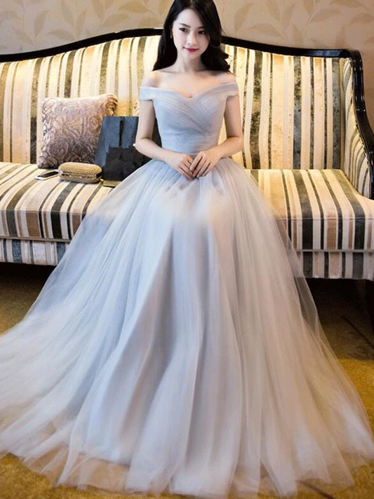Wunderschönes graues schulterfreies langes Brautjungfernkleid, schlichtes Ballkleid cg3027