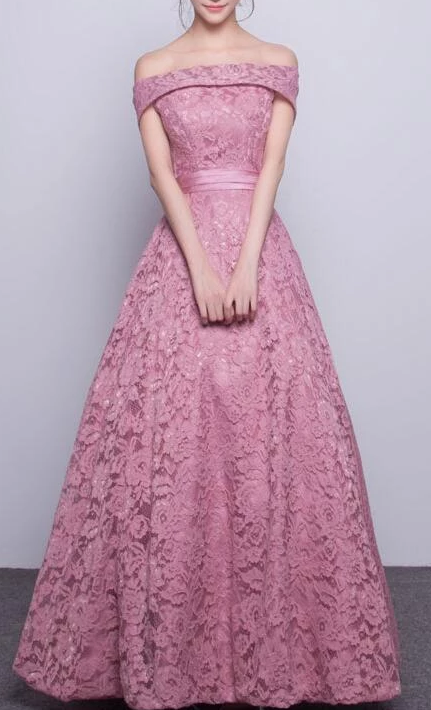 Wunderschönes langes, schulterfreies Partykleid aus dunkelrosa Spitze, Ballkleid aus Spitze 2020 cg3028
