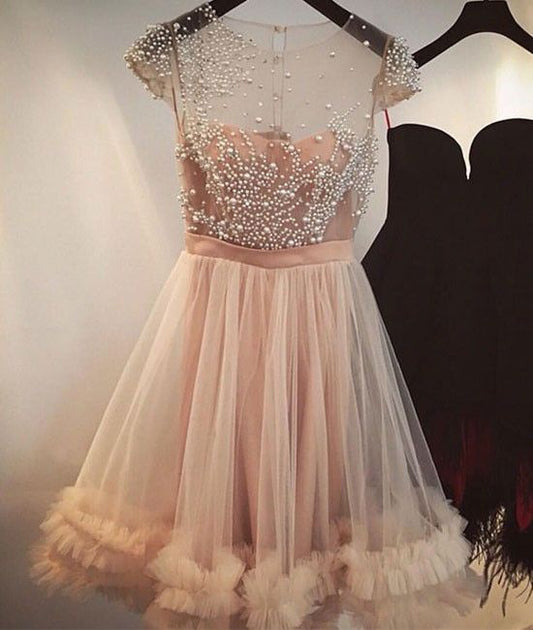 A-Linie, Juwelen, Helles Champagner, Kurzes Homecoming-Kleid mit Perlenbesatz, cg307
