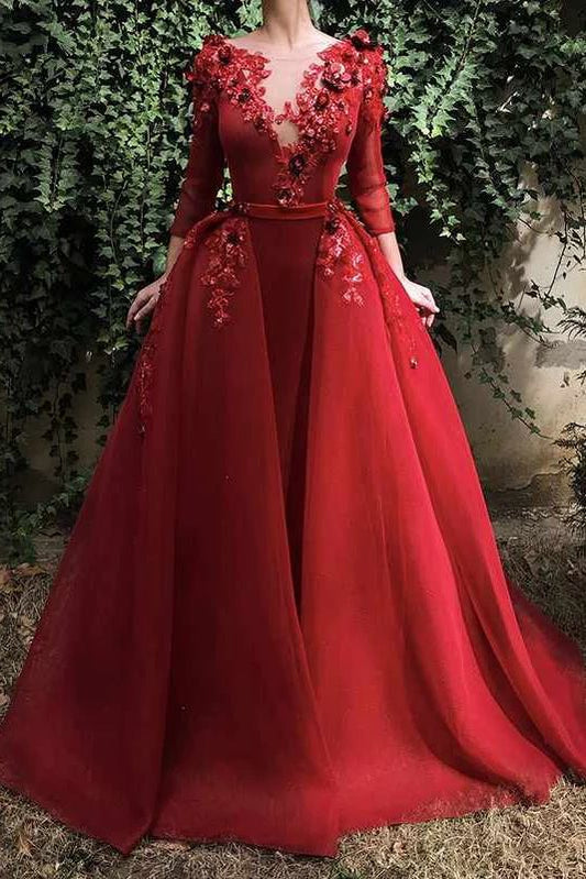Rotes langes Ballkleid mit 3/4-Ärmeln, bauschiges Organza-Abendkleid mit Blumen cg3076