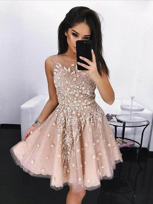 A-Linie, Rundhalsausschnitt, kurzes Homecoming-Kleid mit Perlenbesatz, cg309