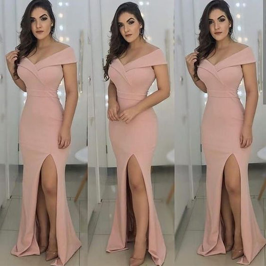 Schulterfreies langes Meerjungfrauen-Ballkleid aus Satin mit Schlitz vorne cg3093
