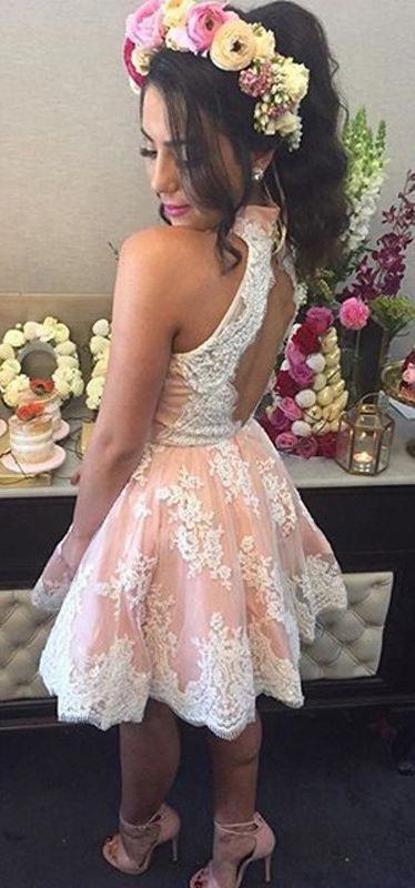 High Neck Light Pink Lace Back O Kurze Homecoming Kleider cg310