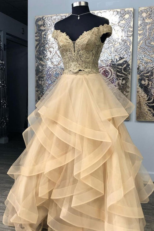 Champagnerfarbenes, langes Ballkleid aus Tüll und Spitze, Abendkleid aus Spitze, cg3102