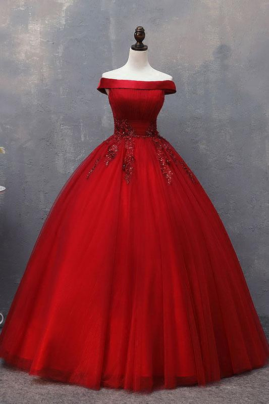 Langes, schulterfreies Ballkleid aus weinrotem Tüll, weinrotes Abendkleid cg3103