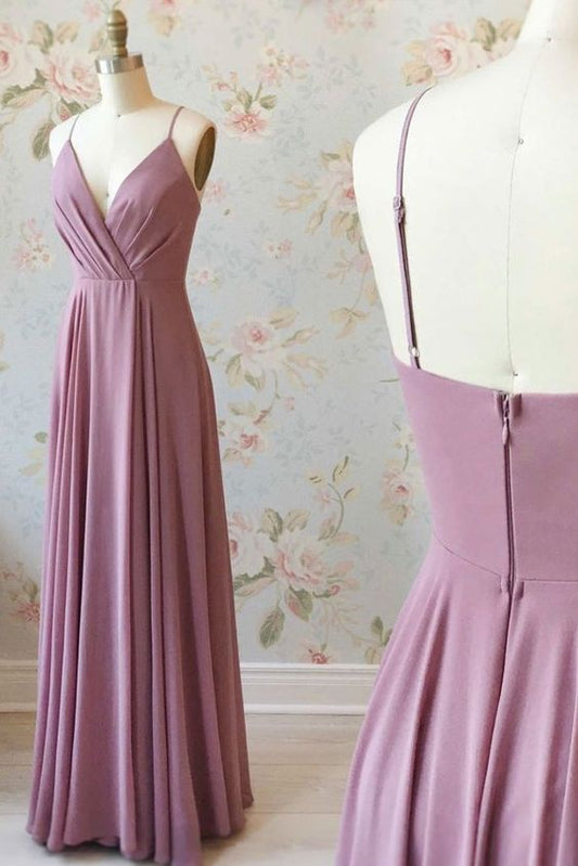 Einfaches langes rosa Chiffon-Ballkleid, rosa Abendkleid cg3105