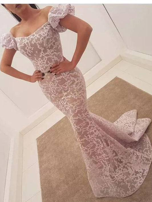 Erstaunliche Spitzen-Ballkleider, lang, schulterfrei, Meerjungfrau-Abendkleider, Ärmel, Trompetenärmel, Reißverschluss hinten, afrikanisches Partykleid, formelle Kleidung, cg3119