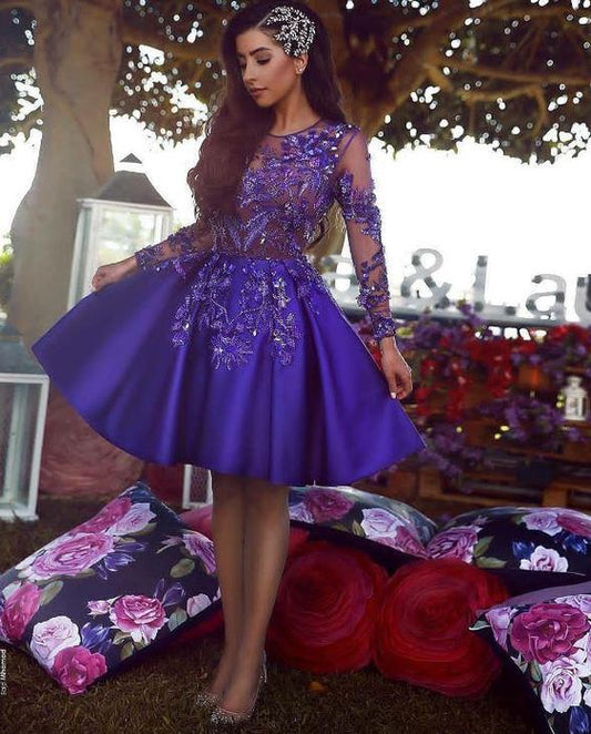 A-Linie Rundhalsausschnitt Lange Ärmel Königsblau Kurzes Homecoming-Kleid mit Applikationen cg312