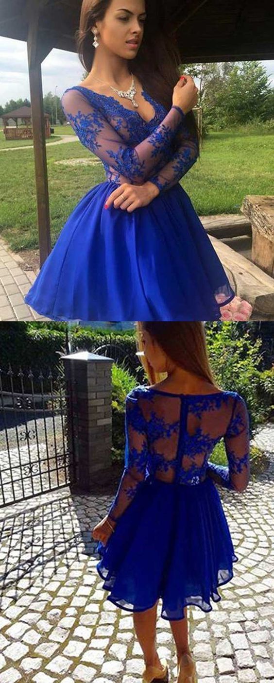 lange Ärmel Spitzenkleider kurz, kurze königsblaue Homecoming-Kleider cg314