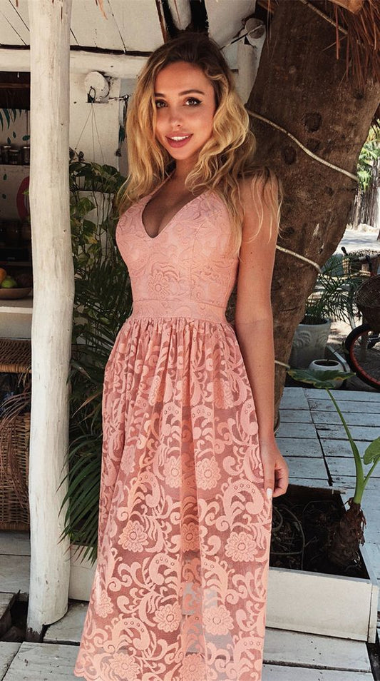 A-Linie Spaghettiträger Wadenlanges rosa Spitzen-Ballkleid mit Falten cg3195