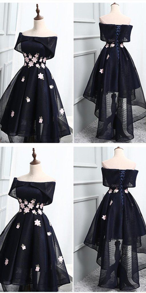 Off-the-Shoulder Schwarz Organza Homecoming Kleider Mit Handgemachte Blume, Kurze Homecoming Kleider cg32