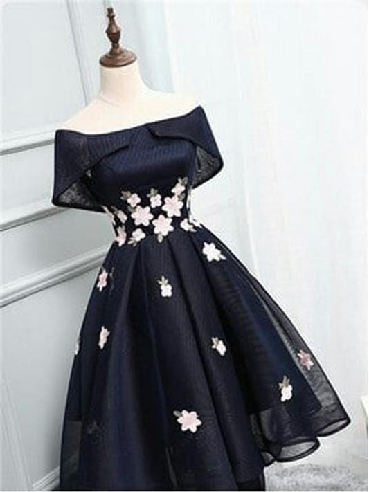 Off-the-Shoulder Schwarz Organza Homecoming Kleider Mit Handgemachte Blume, Kurze Homecoming Kleider cg32