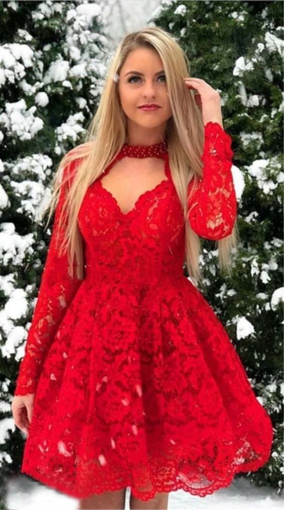 A-Linie Rote Spitze Lange Ärmel Kurzes Homecoming-Kleid cg3208