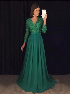 Grünes Ballkleid mit langen Ärmeln, Ballkleider, Abschlussfeierkleider, Ballkleider für Teenager cg3222