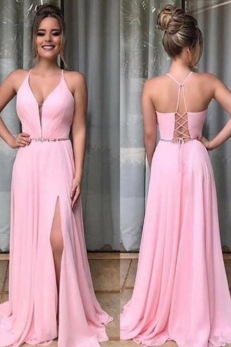 Rosa Chiffon-Ballkleider mit Schlitz cg3228