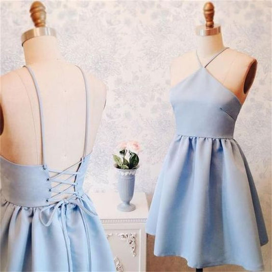 Neues blaues Neckholder-Heimkehrkleid, kurze, maßgeschneiderte Kleider cg323