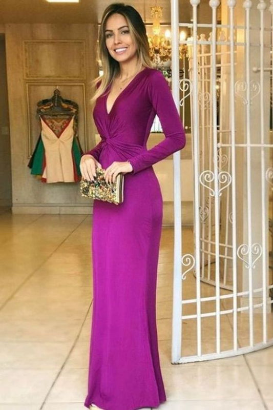 Meerjungfrau-Abendkleid aus Stretch-Satin mit tiefem V-Ausschnitt, bodenlang, langen Ärmeln, traubenfarben, cg3235