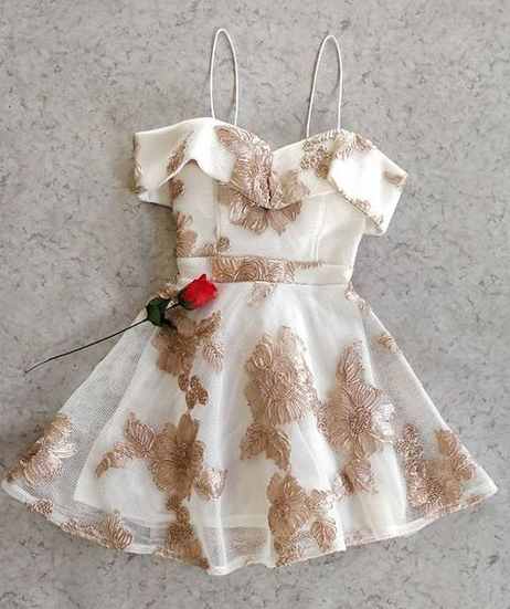 A-Linie Off the Shoulder Spitze Champagner Kurze Homecoming Kleider, Hübsche Kurze Homecoming Kleider cg329