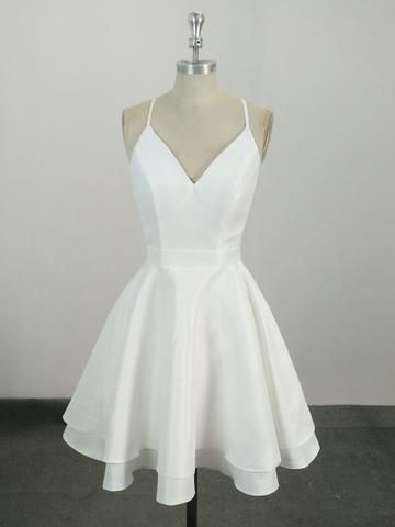 Weißes kurzes Homecoming-Kleid aus Satinspitze mit V-Ausschnitt, weißes Homecoming-Kleid cg332