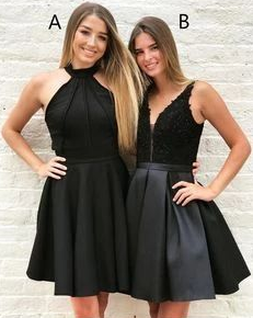 Halter/V Neck Short Black Satin Homecoming Dress cg3358