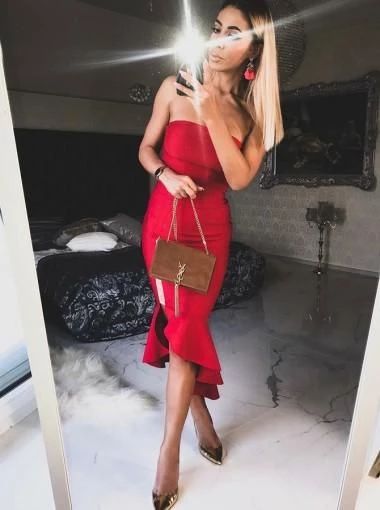 Sheath Red Strapless Homecoming Dresses With Ruffles Cocktail cg3364