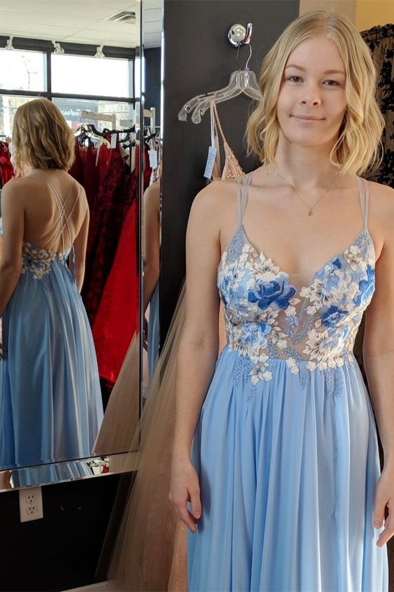 princess blue formal dress with floral embroidery, long prom dress 2020 cg3430
