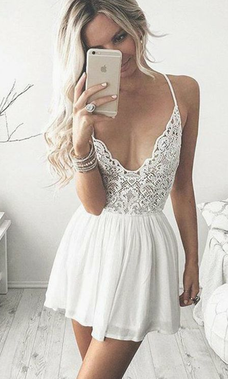 A-Linie Spaghettiträger Kurzes weißes Chiffon Homecoming Cocktailkleid mit Spitze, kurzes Homecomingkleid cg344