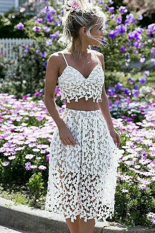 Sexy Spaghettiträger Weiße Spitze Kurzes Partykleid, Zweiteiliges Kurzes Homecoming-Kleid cg345
