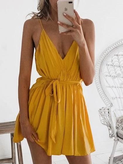 Gelbes, tiefes Ausschnitt-Crêpe-Minikleid mit Bindegürtel und offenem Rücken, gerüscht, schickes Damen-Camisole-Kleid, cg3529