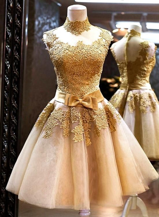 Goldenes Homecoming-Kleid, A-Linien-Homecoming-Kleid, High-Neck-Homecoming-Kleid cg359