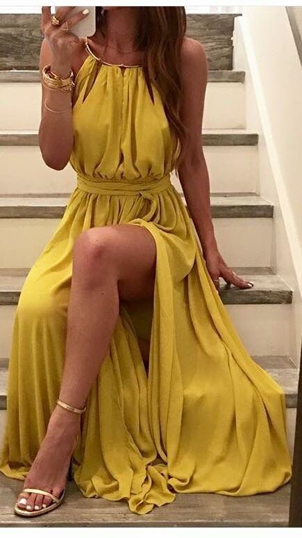 Gelb, Einfach, Spaghettiträger, Hoher Schlitz, Sexy, Neckholder, Ballkleid Abendkleid cg3609