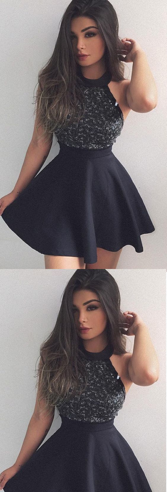 Schwarzes Homecoming-Kleid, kurzes Minikleid mit Perlen, modisches Abschlusskleid cg366