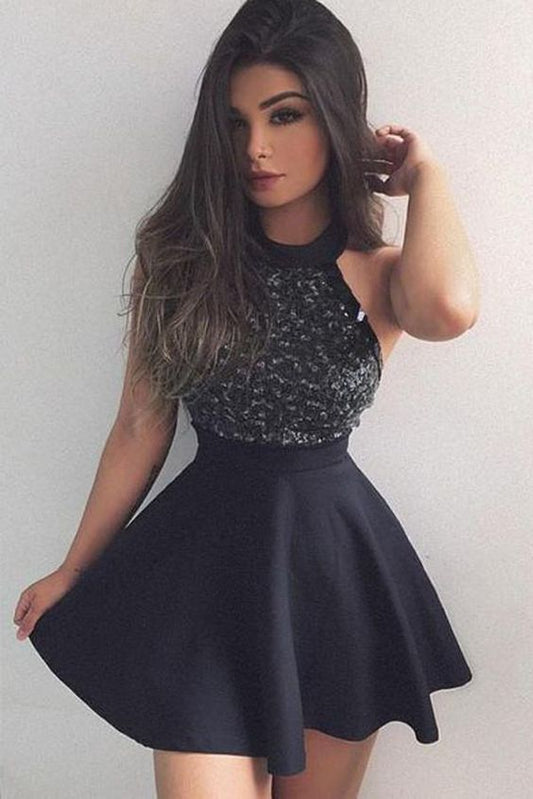 Schwarzes Homecoming-Kleid, kurzes Minikleid mit Perlen, modisches Abschlusskleid cg366