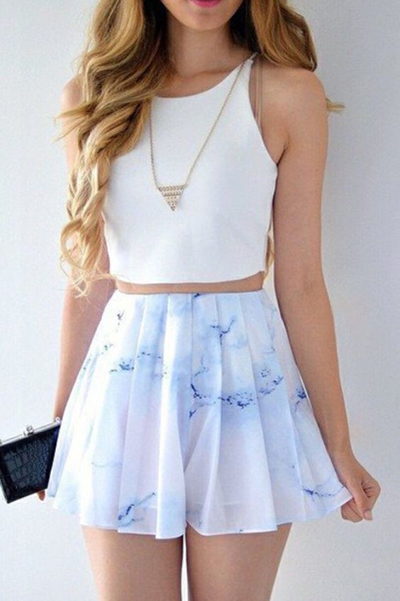 Zweiteiliges, kurzes, bedrucktes weißes Chiffon-Heimkehrkleid im Bateau-Stil, cg368