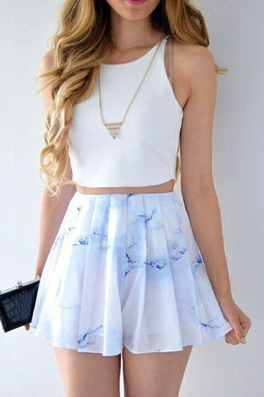Zweiteiliges, kurzes, bedrucktes weißes Chiffon-Heimkehrkleid im Bateau-Stil, cg368