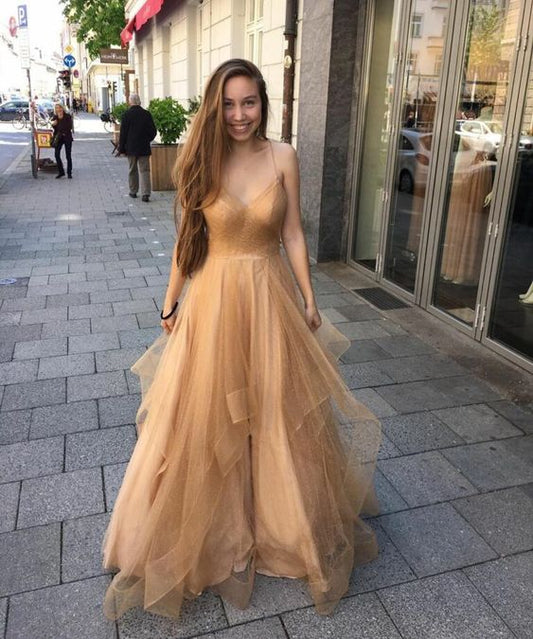 2019 langes Ballkleid, goldfarben, bezauberndes Kleid, cg3723