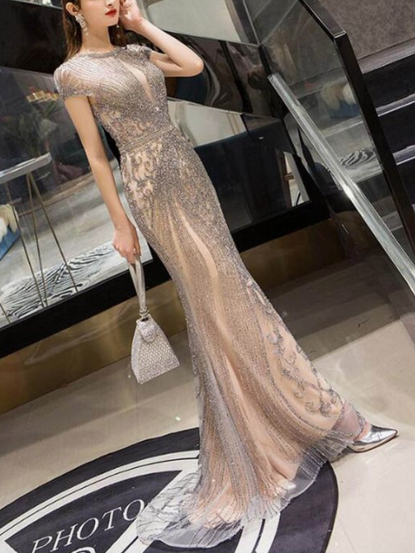 Champagner Lange Meerjungfrau Ballkleider mit Voller Perlen Vestido De Fiesta cg3769