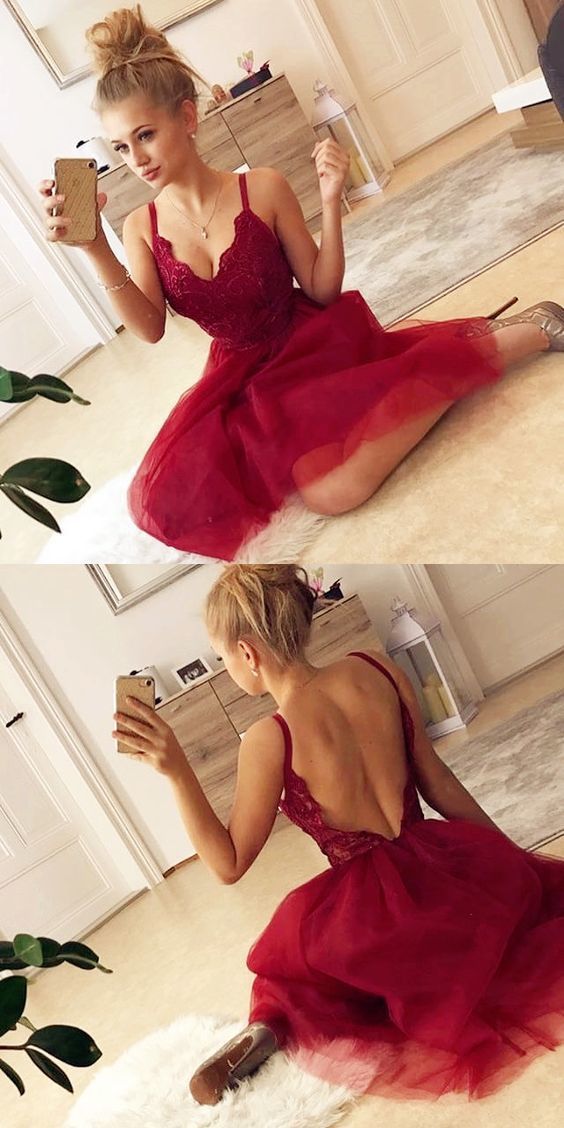 Sexy rückenfreies rotes Homecoming-Kleid, ärmelloses kurzes Tüll-Partykleid mit Spitze cg377
