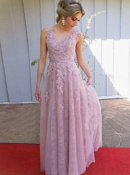 Pink V Neck Sleeveless Lace Backless Long prom dress cg3777