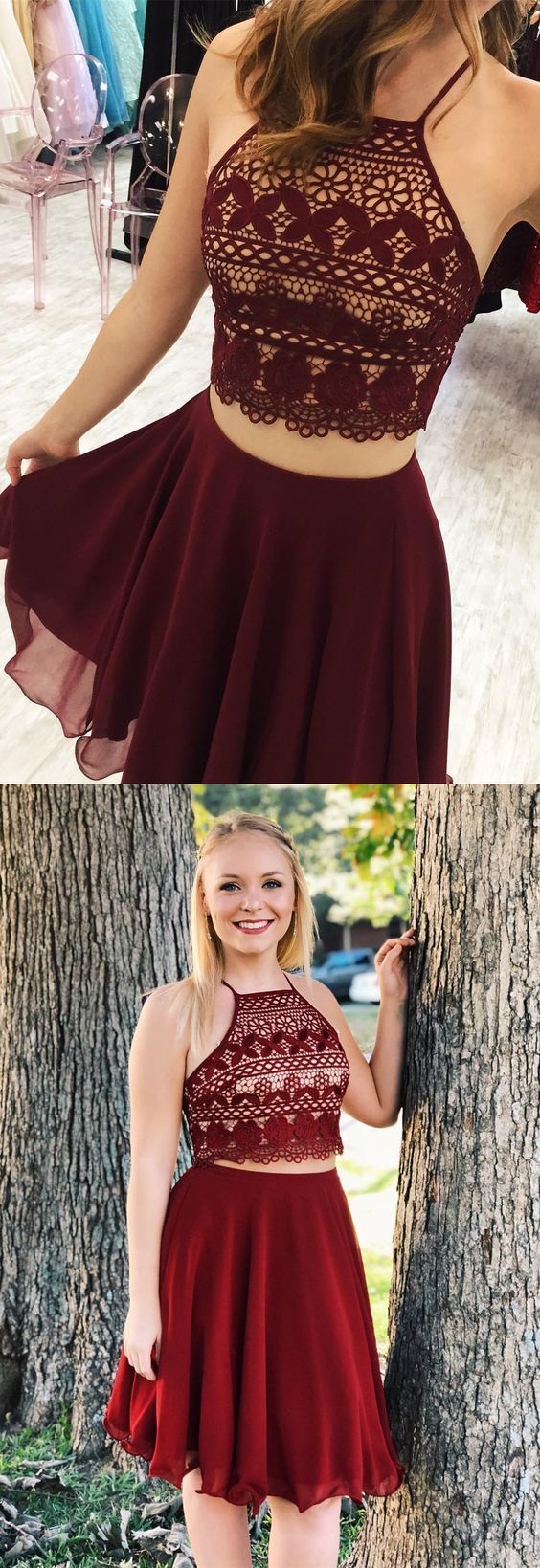 Zweiteiliges kurzes Homecoming-Kleid, Burgunder Homecoming-Kleid cg378