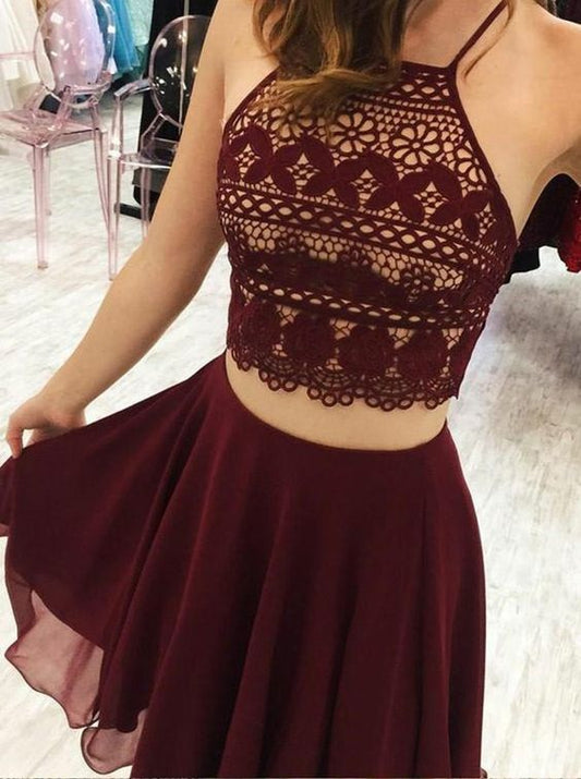Zweiteiliges kurzes Homecoming-Kleid, Burgunder Homecoming-Kleid cg378