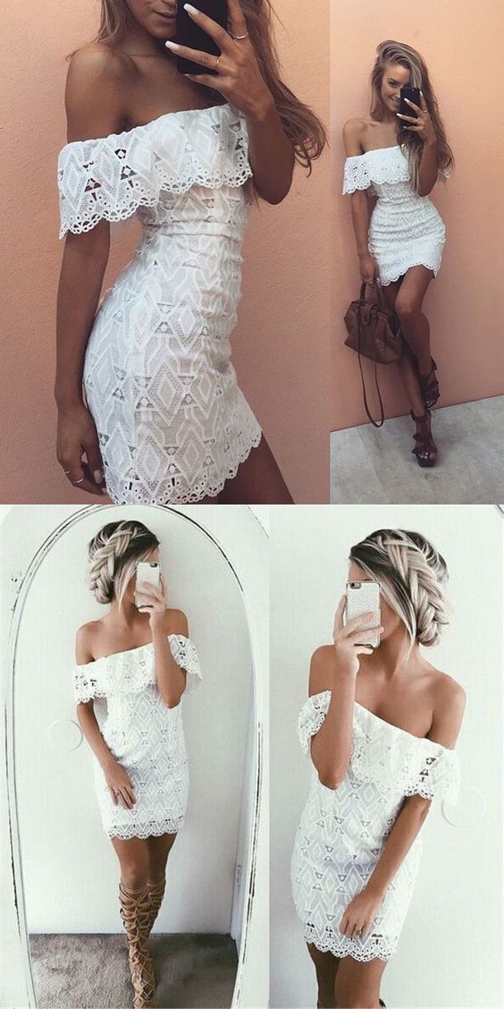 Etuikleid mit schulterfreiem, weißem Spitzen-Heimkehrkleid cg384