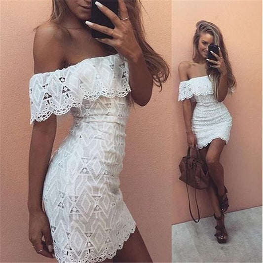 Etuikleid mit schulterfreiem, weißem Spitzen-Heimkehrkleid cg384