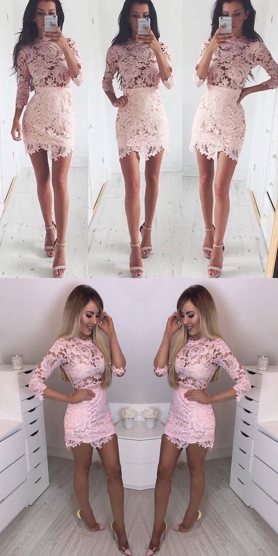 Sexy Langarm Rosa Spitze Kurzes, Figurbetontes Kleid, Günstiges Homecoming-Kleid cg385