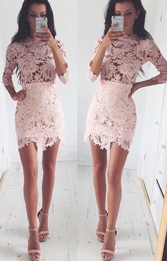 Sexy Long Sleeves Pink Lace Short Bodycon Dress cheap homecoming dres classygown