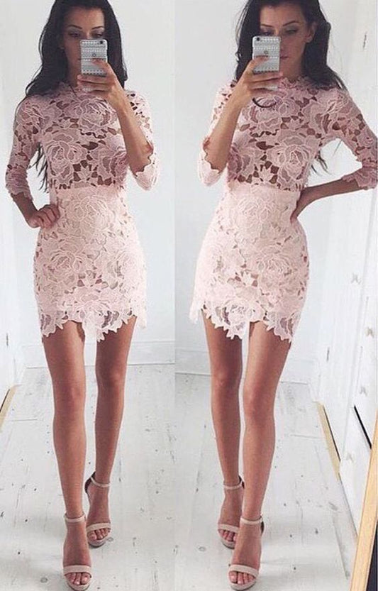 Sexy Langarm Rosa Spitze Kurzes, Figurbetontes Kleid, Günstiges Homecoming-Kleid cg385