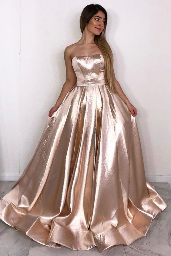 Strapless Rose Gold A Line Long Simple Prom Dress cg3878