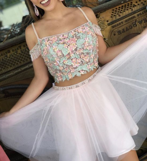 two piece pink short homecoming dress, cute homecoming dress cg3906