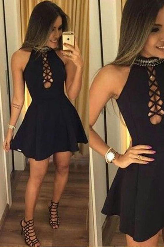 Schwarzes Neckholder A-Linie Homecoming Kleid, Kurzes Homecoming Kleid, Schlichtes Partykleid cg391